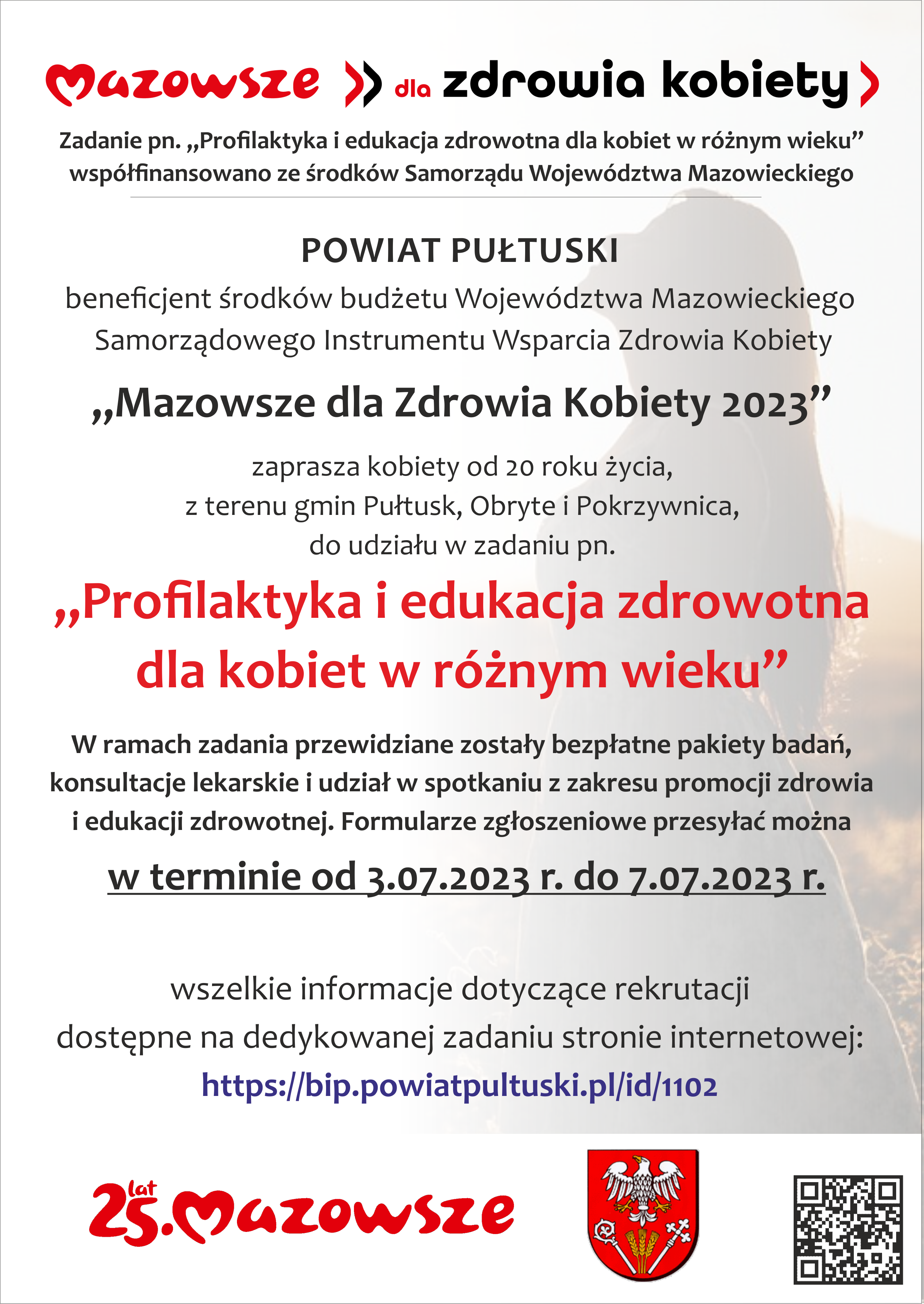 Plakat informujący o planowanym naborze uczestniczek do zadania pn. "Profilaktyka i edukacja zdrowotna dla kobiet w różnym wieku"